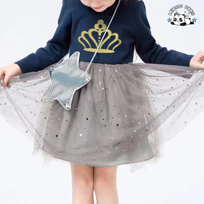 LEZONKIDS - Hot Sale Long Sleeves Foil Gold Silver Tulle Rompers Toddler Girls Dresses for Kids
